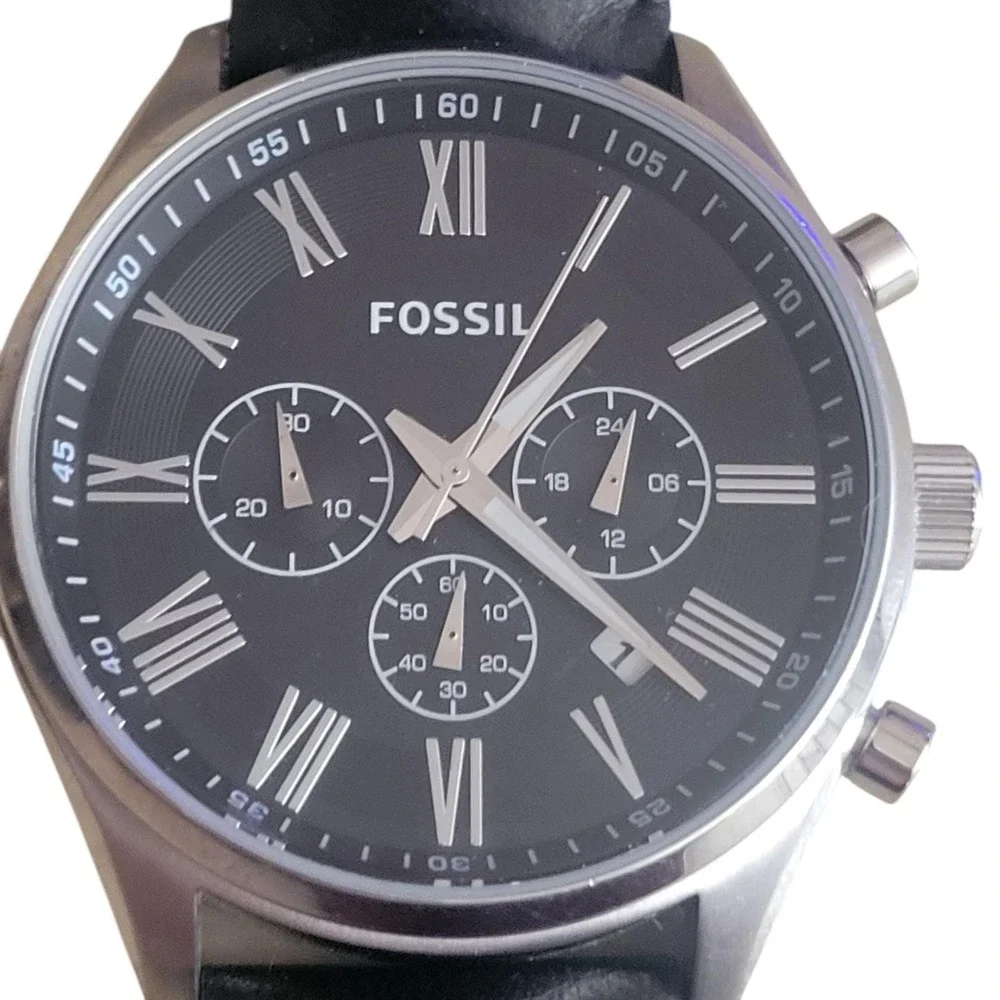 Fossil Grant Chronograph Watch Mens Black Silver Leather Band Roman Num FS4812‎
